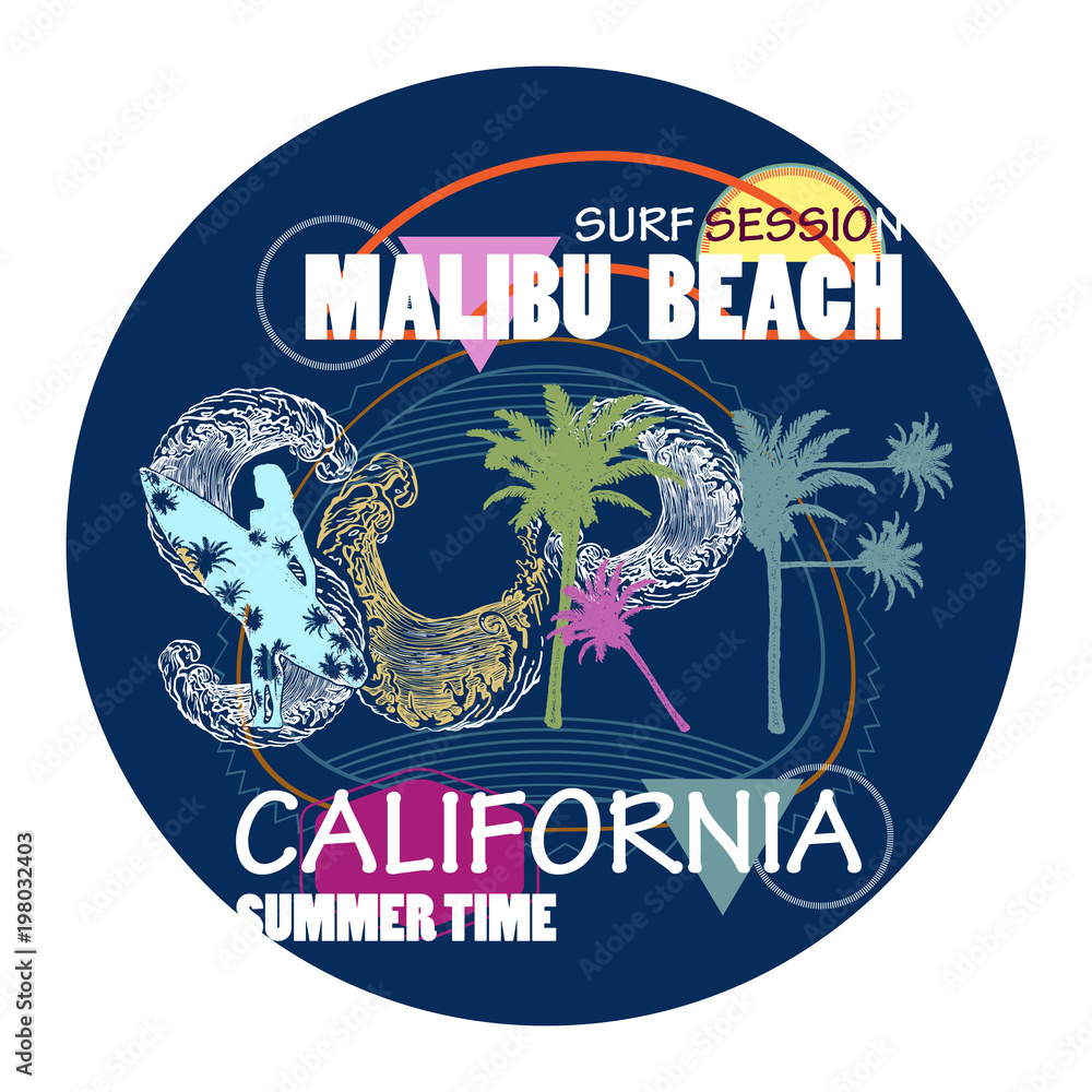 Obraz premium Surfing California Malibu beach fashion typography for t-shirt print. Surf t shirt art