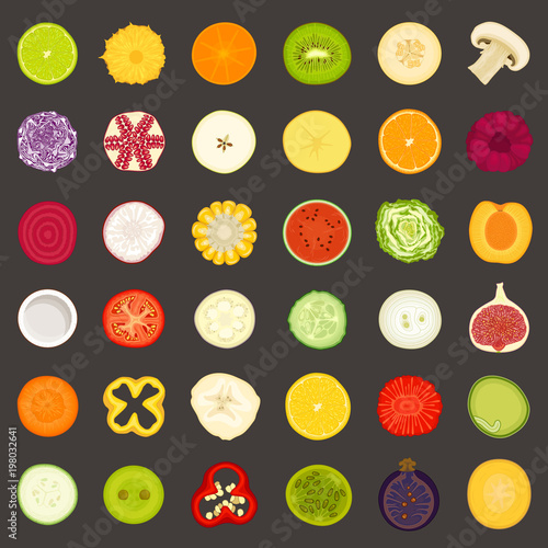 Vector icons of sliced fruits vegetables and berries. Food in a cut.