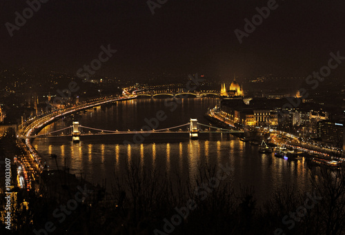 Chain bridge on danube river at night, Budapest Hungary