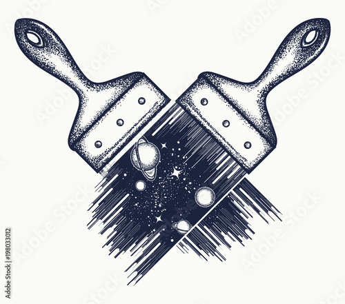 Crossed brushes. Brush draws universe tattoo and t-shirt design. Symbol of space, universe,dream, imagination, creative idea art poster. Symbol of inspiration and sincere freedom