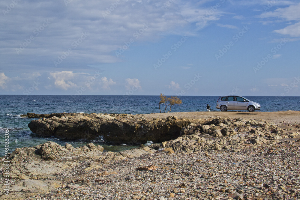 A fisherman catches a fish and the machine at the seaside A fisherman catches a fish and the machine at the seaside
