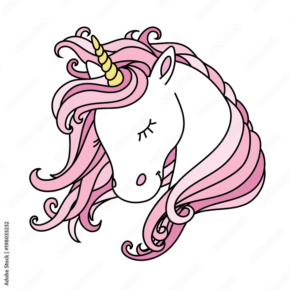 Cute white unicorn with pink hair, mane and yellow horn.  Childish hand drawn flat vector illustration, print.