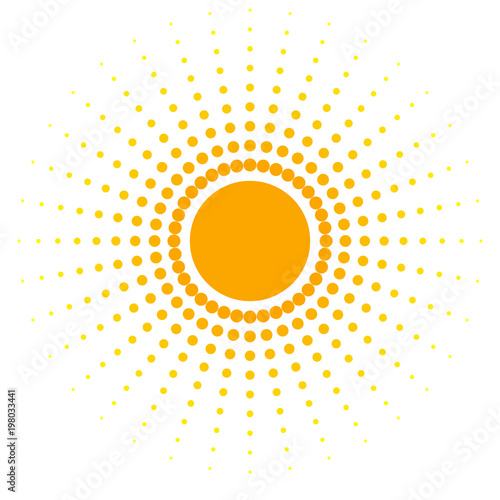 Blank orange abstract banner of dots Design element in the form of a sun with dotted rays in a retro style Decorative isolated symbol for creative design advertisement logo Vector halftone background