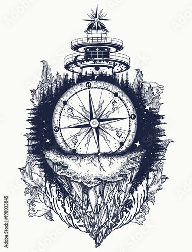 Lighthouse and compass,mountains tattoo and t-shirt design. Mountain  antique compass and sea wave. Adventure, travel, outdoors, symbol. Tattoo  for travelers, climbers, hikers t-shirt design Stock Vector | Adobe Stock