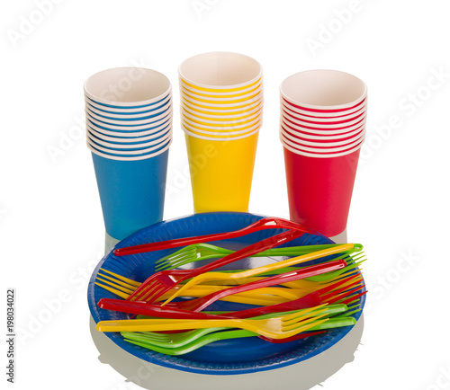Set of disposable plastic tableware isolated on white