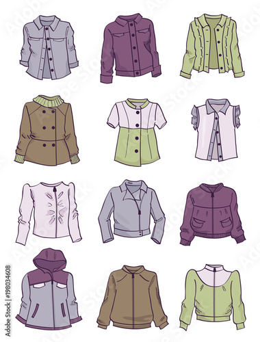 Jackets for girls, different models,classic,casual and sport styles, isolated on white background. There are green,gray, purple and white colour clothing