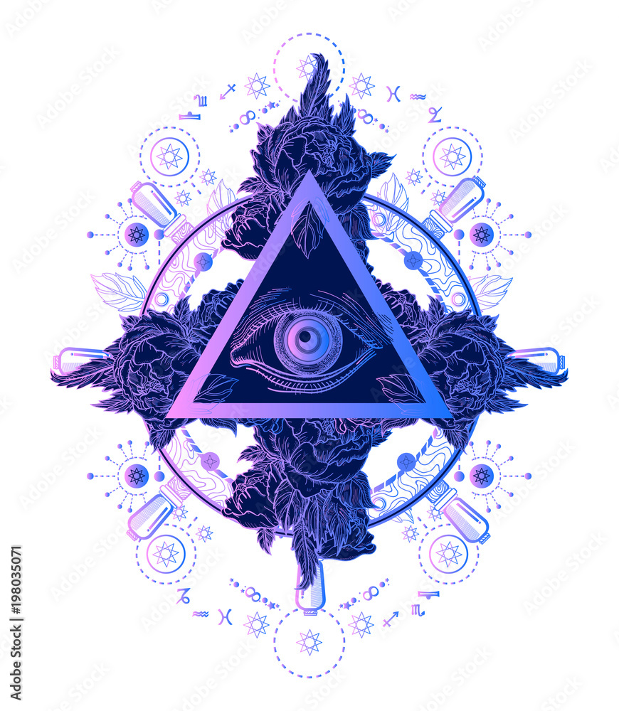 All seeing eye pyramid tattoo art. Alchemy, medieval religion, occultism,  spirituality and esoteric tattoo. Magic eye t-shirt design. Roses and the  ship's helm. Freemason and spiritual symbols Stock Vector | Adobe Stock