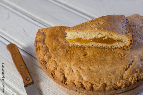 A piece of cake on a white table