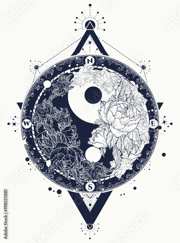 Yin and Yang tattoo art vector. Yin Yang meditative tattoo art. Black and white roses, boho style, meditation symbol, philosophy, harmony tattoo, floral