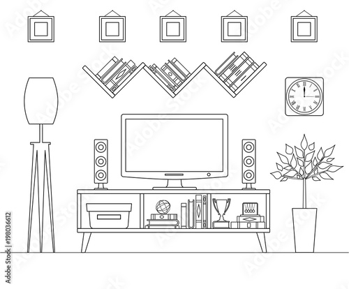 Outline interior. Vector tv zone. Linear room with furniture and TV.