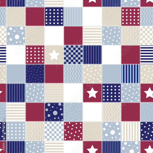 Geometric patchwork background with colored star, american flag background, circle and line, vector illustration, decorative textures, seamless pattern, retro style.