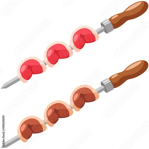 Picanha on a skewer raw and grilled. Vector cartoon illustration of a traditional Brazilian barbecue from meat beef. Food isolated on a white background.