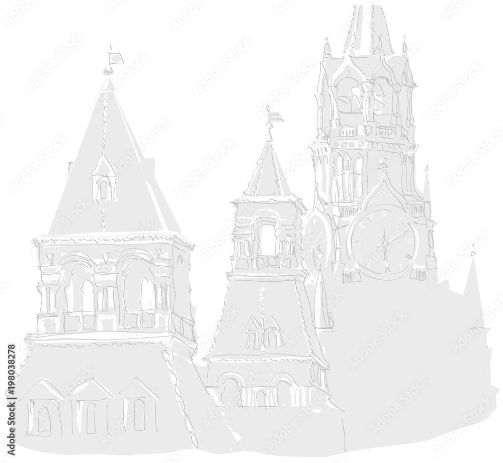 Kremlin towers/ Fragments of Kremlin towers - Spassky, Konstantin & Elena and Nabatnaya. Vector scetch.