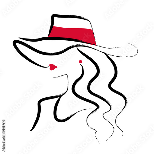 Vector artistic hand drawn stylish young lady portrait isolated on white background. Fashion girl model icon. Woman in hat. Beauty illustration, logo design. Fashion poster, placard, banner.