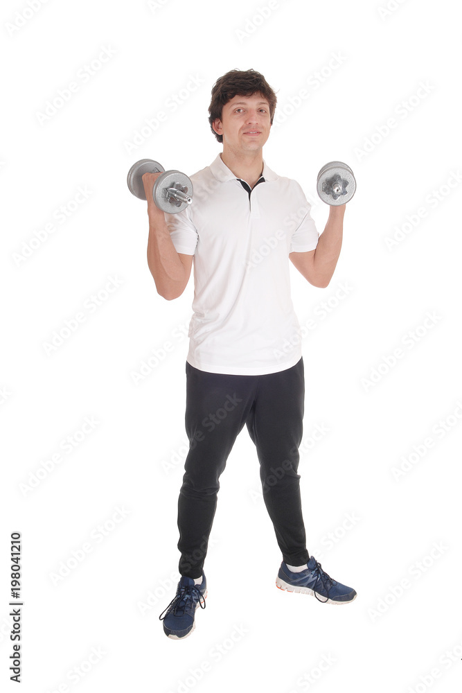 Young man exercise wit two dumbbell Young man exercise wit two dumbbell