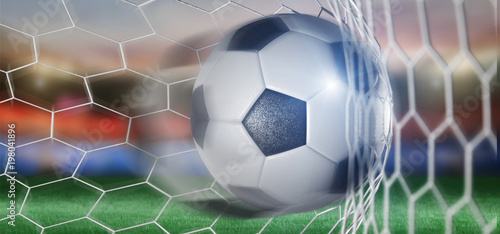 Football ball in the net of a goal - 3d rendering © Production Perig
