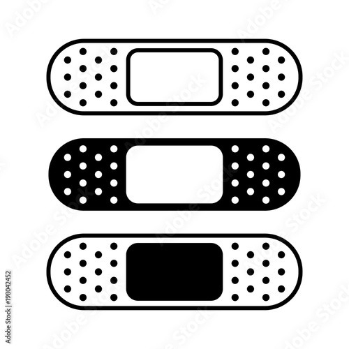 Set of medical plasters, bandage. Black and white, flat and outline design. Vector illustration
