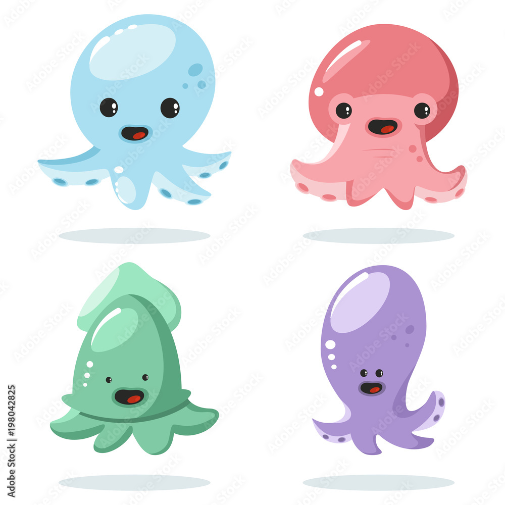 Obraz premium Cute baby kids octopus and squid vector cartoon character. Set of funny flat icons of underwater animals isolated on a white background.
