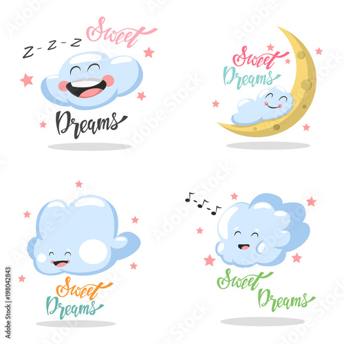 Sweet Dreams hand drawn lettering with cute cartoon clouds with kawaii emotions. Vector set isolated on white background.