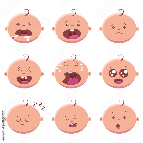 Cute cartoon baby face icons. Vector flat set of child head with different funny emotions.