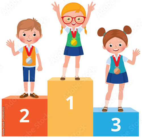 Children students in school clothes with medals for victory stand on the sports pedestal