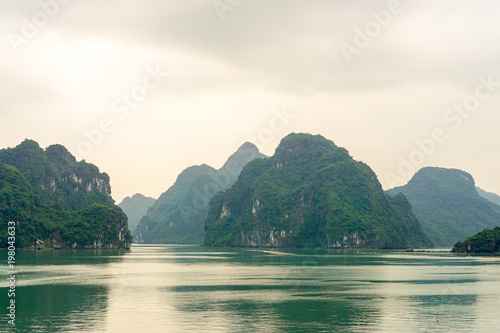 Limestone cliff formations in Halong Bay, Vietnam