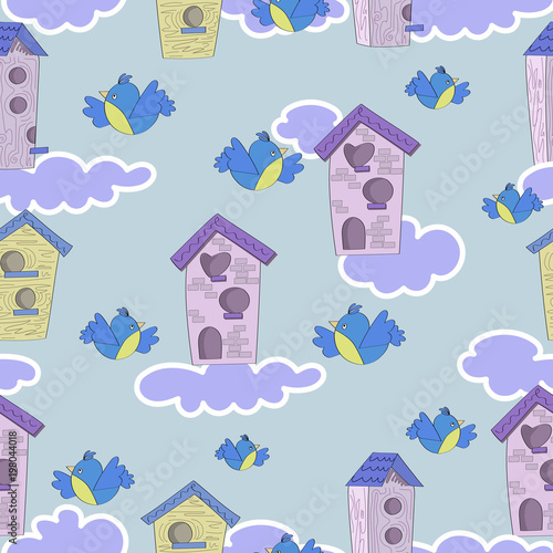 Birds of the titmouse and and birds houses. Seamless pattern. Design for children's textiles, background image for packaging materials. Cartoon style.