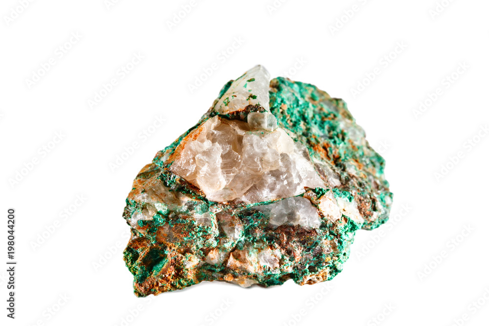 Macro shooting of natural gemstone. Raw mineral malachite. Morocco. Isolated object on a white background. Macro shooting of natural gemstone. Raw mineral malachite. Morocco. Isolated object on a white background.