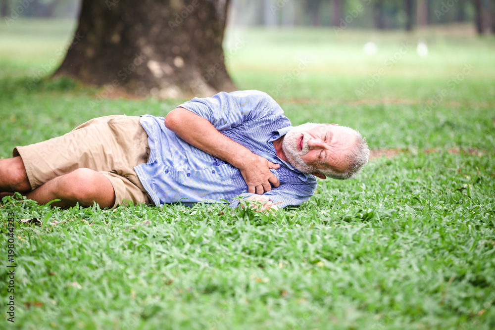 Senior men cardiac arrest heart attack in park.Severe heartache Senior men cardiac arrest heart attack in park.Severe heartache