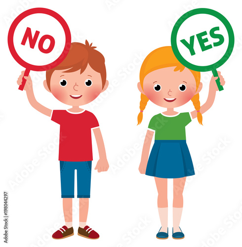 Girl and boy showing signs of yes and no