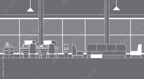 Virtual Office Interior With Desks Coworking Space Thin Line Vr Technology Vector Illustration