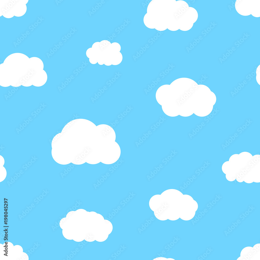 Cartoon white clouds in blue sky seamless pattern, vector illustration.