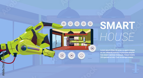 Robotic Hand Holding Smartphone With Smart House Control Interface, Modern Technology Of Home Automation Concept Flat Vector Illustration