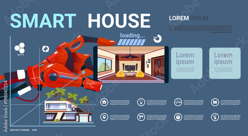 Robotic Hand Holding Smartphone With Smart House Control Interface, Modern Technology Of Home Automation Concept Flat Vector Illustration