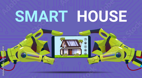 Robotic Hands Holding Digital Tablet With Smart House Monitoring Interface Technology Of Home Automation Concept Flat Vector Illustration