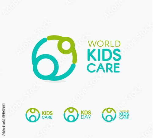 Kids care logo, circular concept protection child icon, mother and baby abstract logotype, world children protection day, isolated vector illustration on white background.