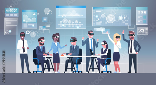 Business People Group Wearing Vr Headset During Brainstorming, Team In 3d Glasses On Meeting Virtual Reality Technology Concept Flat Vector Illustration