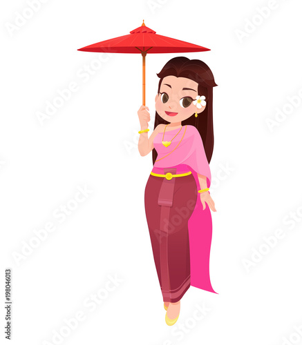 Thailand women in thai clothings is holding umbrella