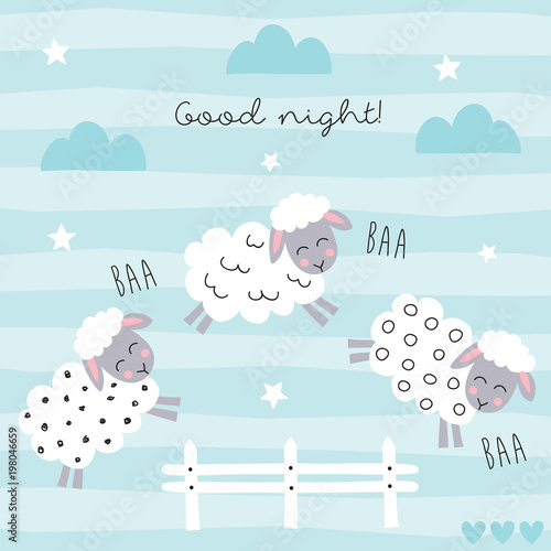 good night sleep cartoon sheep jump fence