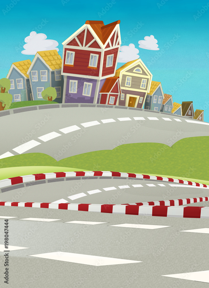 cartoon scene with street and some city in the background - illustration for children