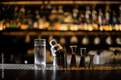 Barman essentials on the blurred background of bar