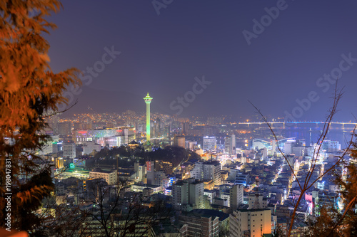 Busan city skylight and Busan tower at night