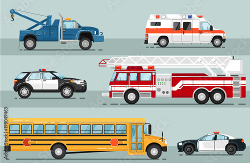 City emergency transport isolated set. Ambulance car, tow truck, school bus, police car, fire truck vector illustration. Service auto vehicle, urban social car, roadside assistance transport.