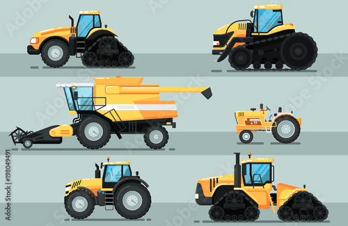 Modern agricultural vehicle isolated set. Caterpillar tractor, combine harvester, crawler tractor vector illustration. Rural industrial farm equipment machinery, comercial transport in flat design