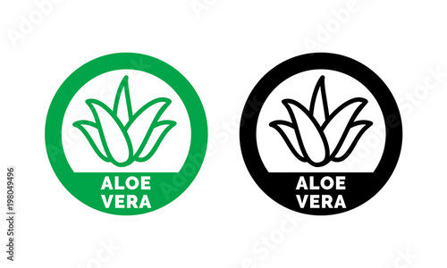 Aloe Vera green leaf label for natural organic product package. Isolated Aloe Vera leaf circle icon sign for cosmetic or moisturizer cream and skincare lotion packaging design template