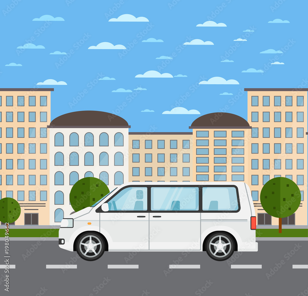 Modern family minivan in urban landscape. Comfortable minibus, family van, people transportation concept. City street road traffic vector illustration, cityscape background with skyscrapers.