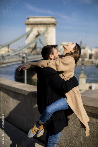 Couple in love hugging of the magnificent landscape view of Budapest, Hungary