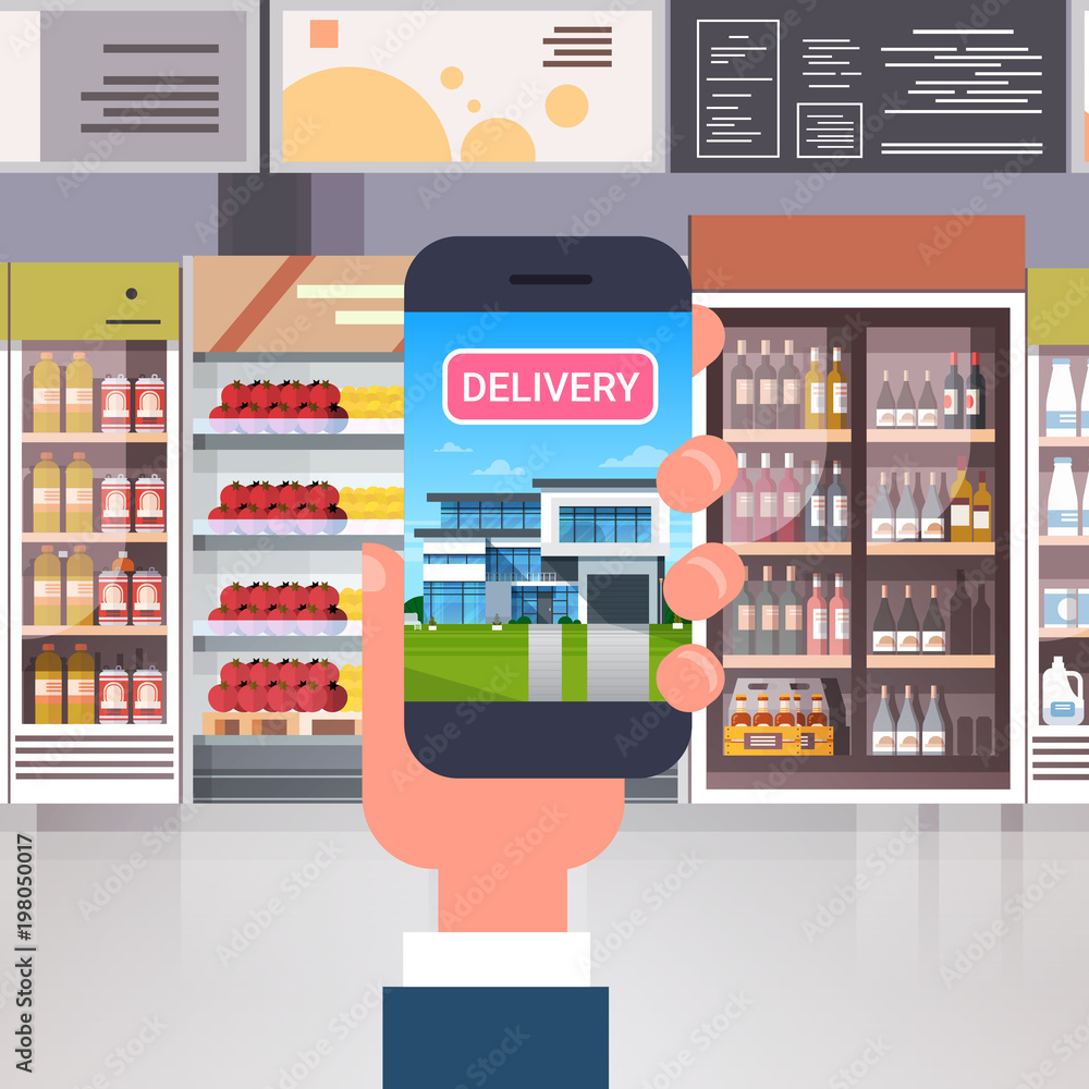 Products Delivery From Retail Store With Hand Using Smart Phone Over Supermarket Interior Grocery Order Shopping Concept Flat Vector Illustration