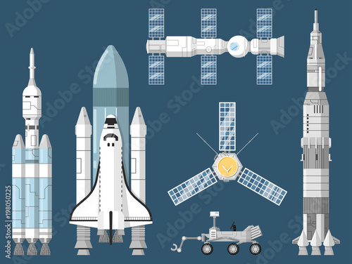 Astronautics and space technology isolated set. Space shuttle, cosmic rocket, spaceship, orbital satellite, mars rover, space station vector illustration. Spacecraft collection in flat design.