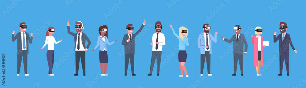 Business People Group Wearing Vr Headset Virtual Reality Glasses Horizontal Banner Flat Vector Illustration Business People Group Wearing Vr Headset Virtual Reality Glasses Horizontal Banner Flat Vector Illustration